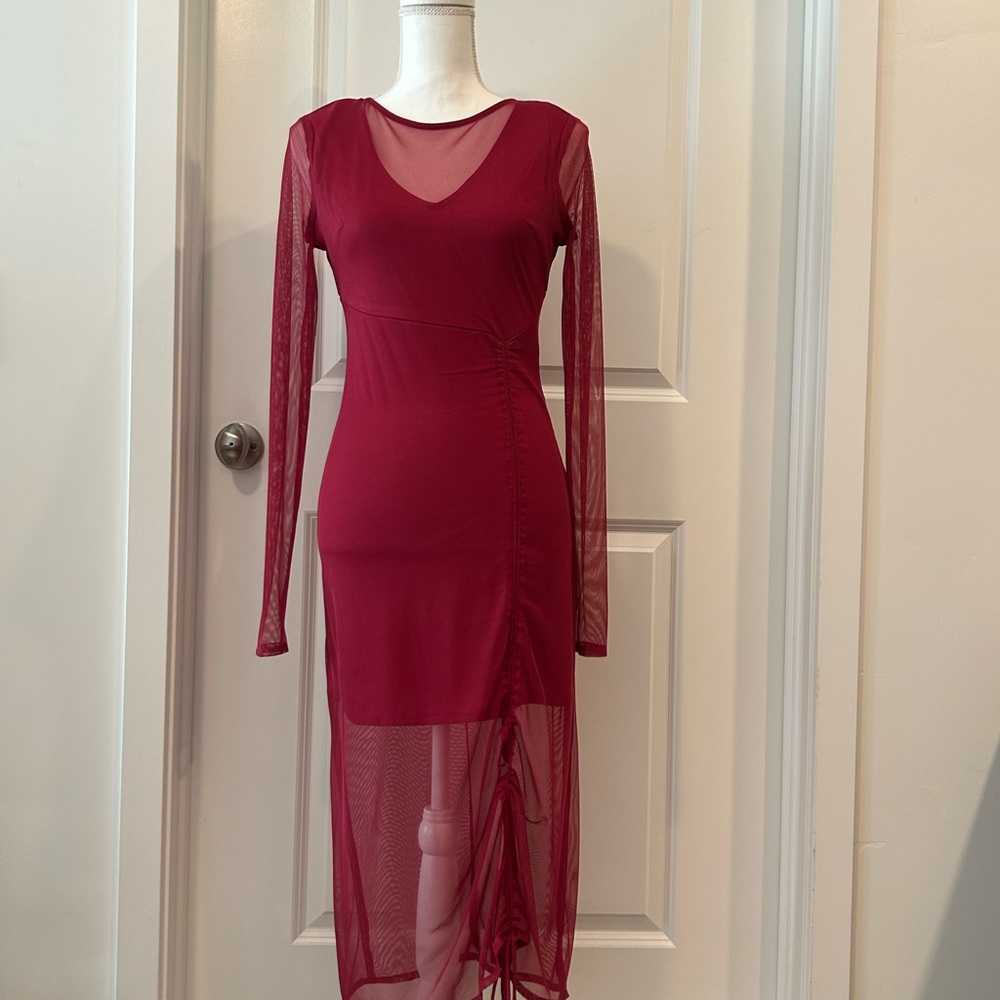 bebe Burgundy Sheer Long Sleeve Dress